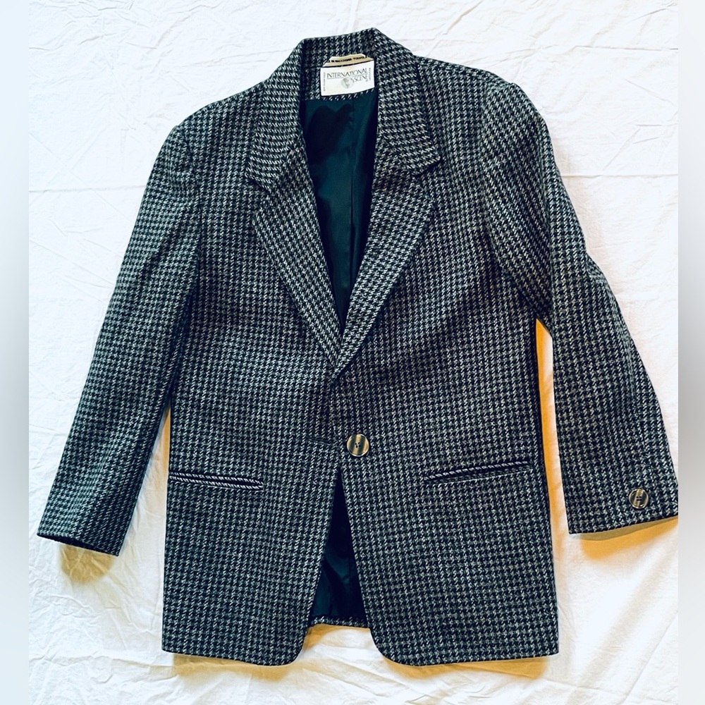 Vintage International Scene Tweed Houndstooth Gray Blazer Wool size 6
